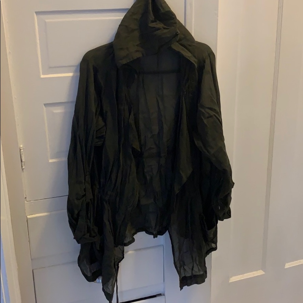 Olive green, lightweight, hooded flyaway